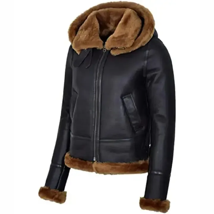 Women's Black Hooded Sheepskin Flying B3 Shearling Bomber Jacket - Cozy & Stylish