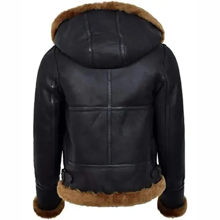 Women's Black Hooded Sheepskin Flying B3 Shearling Bomber Jacket - Cozy & Stylish