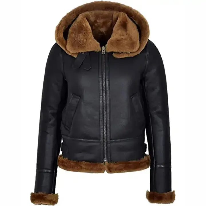 Women's Black Hooded Sheepskin Flying B3 Shearling Bomber Jacket - Cozy & Stylish