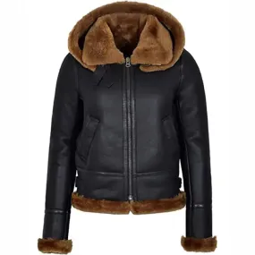 Women's Black Hooded Sheepskin Flying B3 Shearling Bomber Jacket - Cozy & Stylish