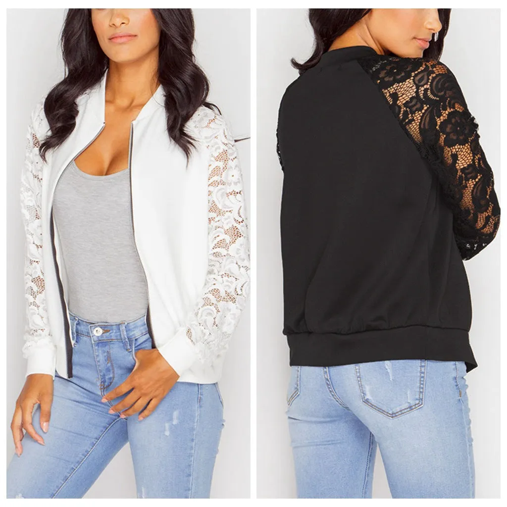 Women's Lace Sleeves Bomber Jacket- GlamzLife