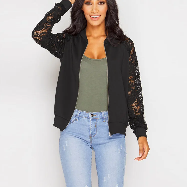 Women's Lace Sleeves Bomber Jacket- GlamzLife
