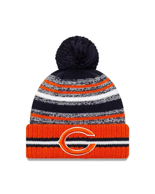 Youth Chicago Bears C Logo New Era 2021 NFL Sideline - Sport Official Pom Cuffed Knit Hat - Orange/Navy